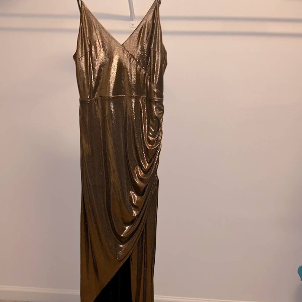 Metallic gold floor length dress. Perfect for wedding guest or special occasion